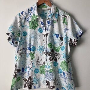 Kim Rogers Linen Short Sleeve Blouse Top Camp Shirt Floral Print